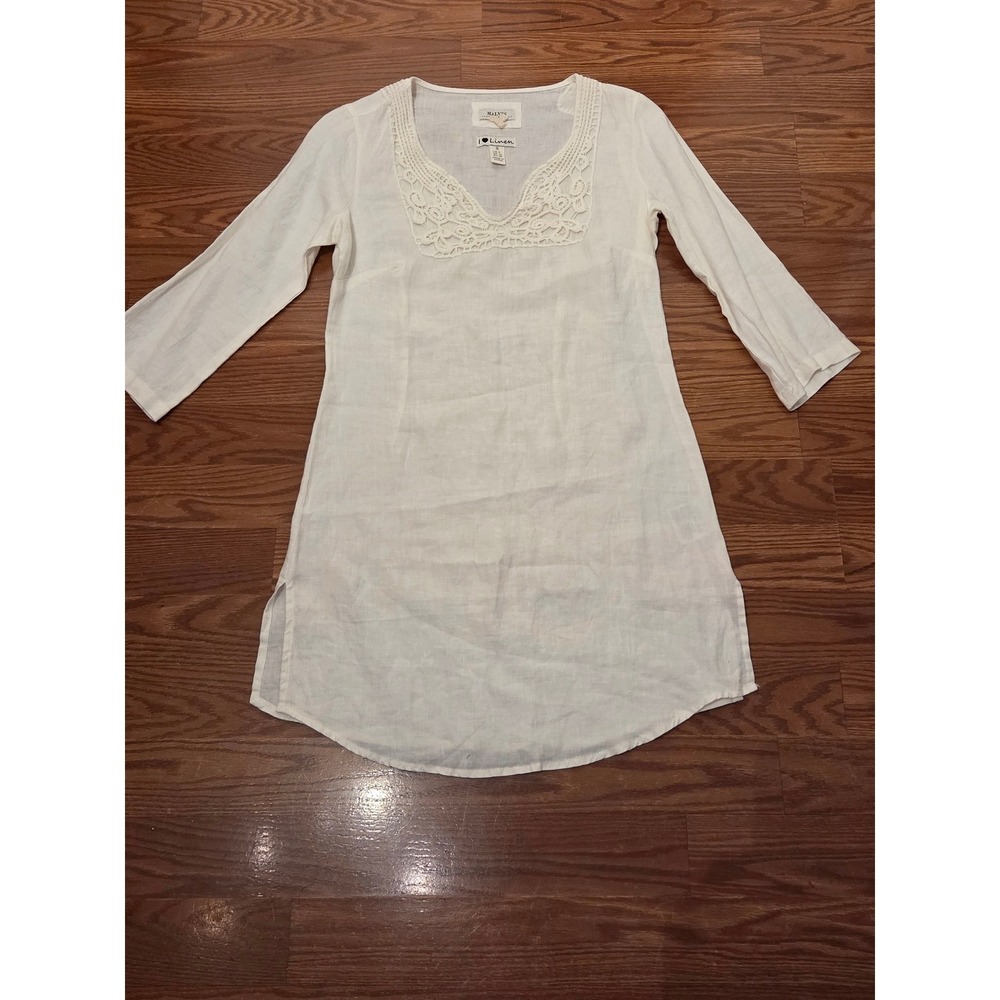Malvin Hamburg Women White‎ 100% Linen Crochet Lace V-Neck Tunic Dress Size S